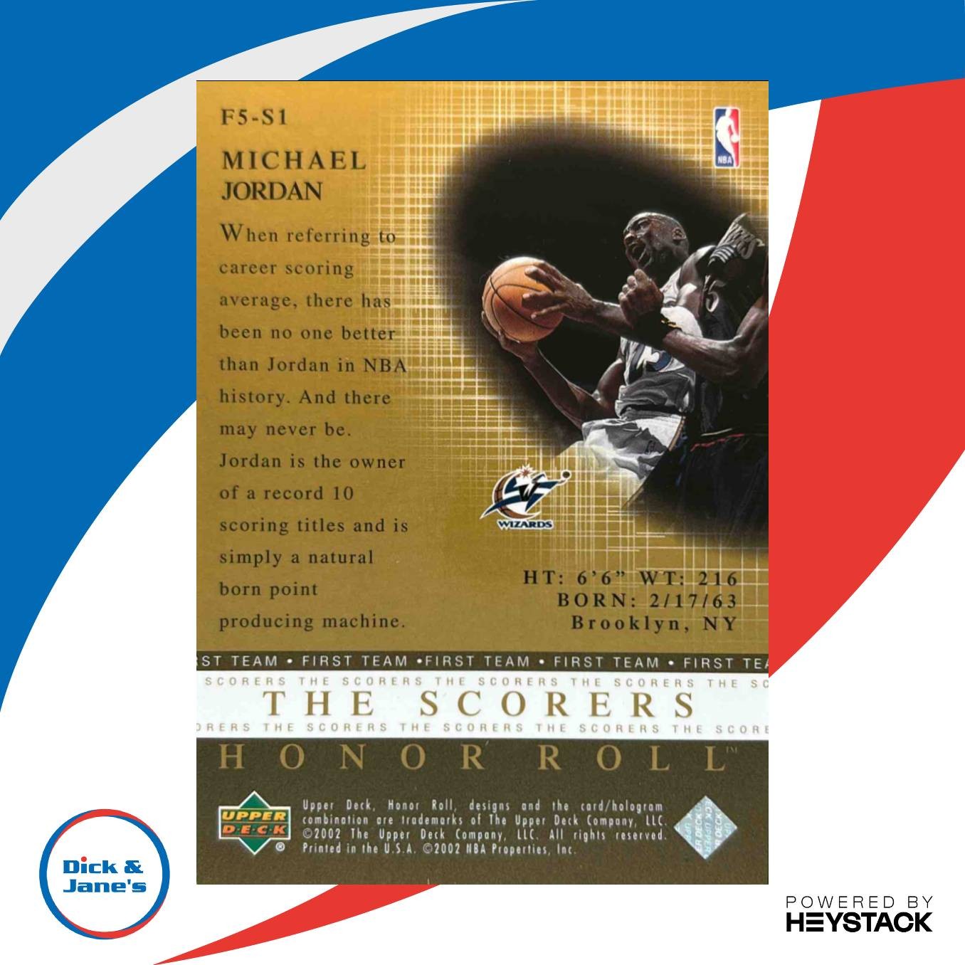 2001-02 Upper Deck Honor Roll Michael Jordan Fab Fives The Scorers F5-S1 Wizards - Sports Cards