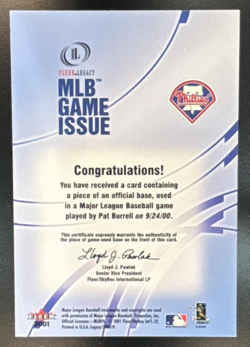 2001 Fleer Legacy Pat Burrell MLB Game Issue #2 Philadelphia Phillies - Sports Cards