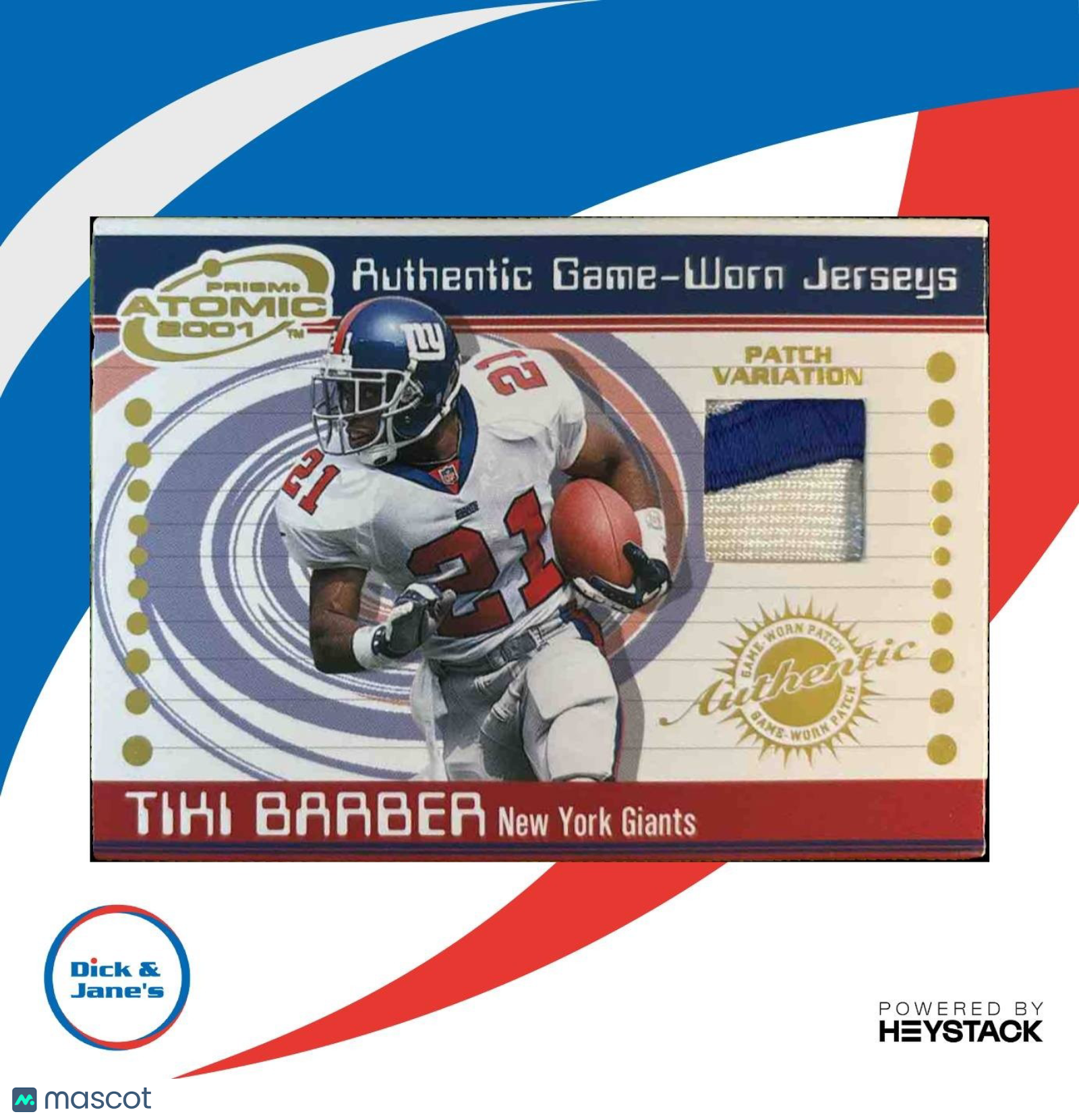 2001 Pacific Prism Atomic Tiki Barber Jersey Patches #51 New York Giants - Sports Cards