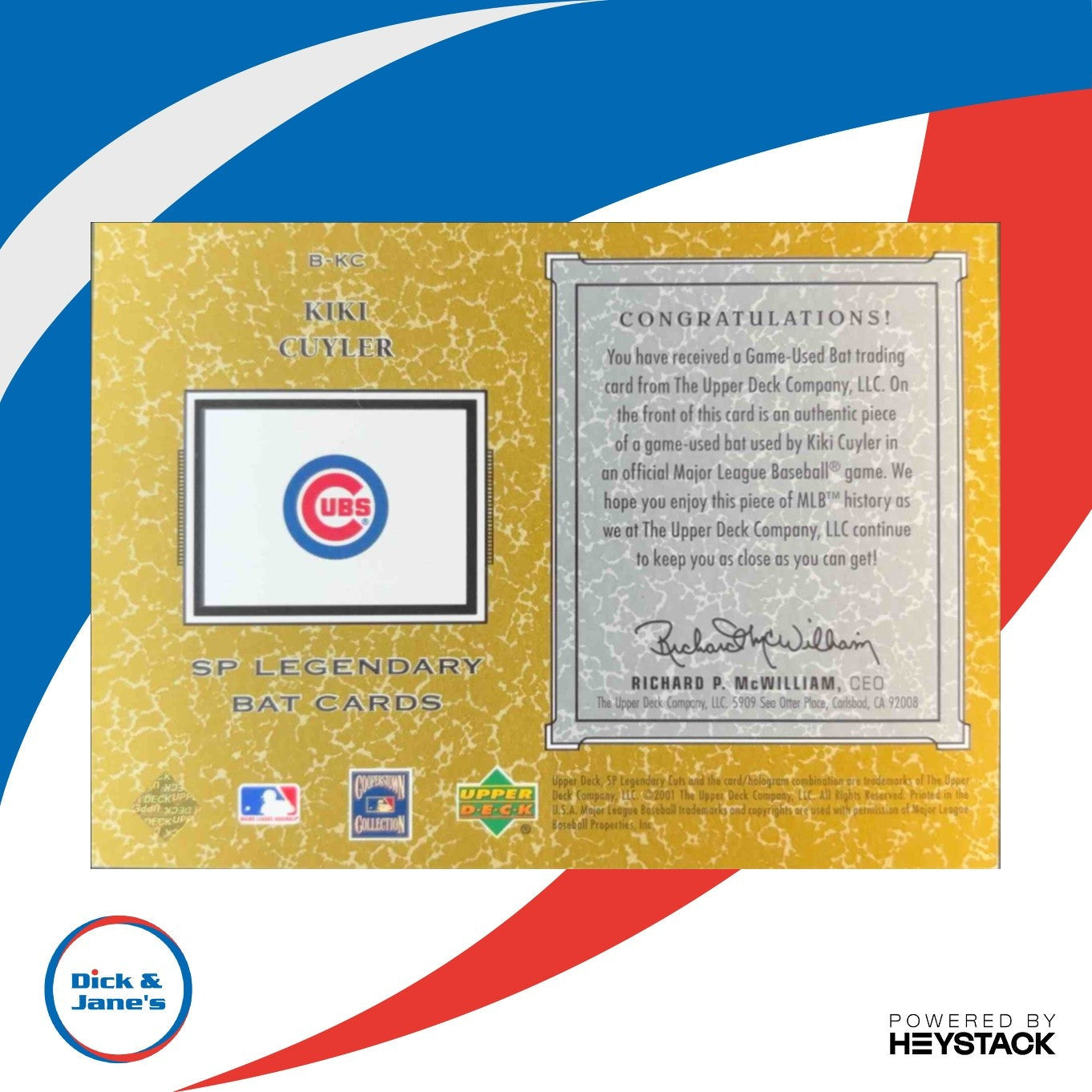 2001 SP Legendary Cuts Kiki Cuyler Game Bat #B-KC Chicago Cubs - Sports Cards
