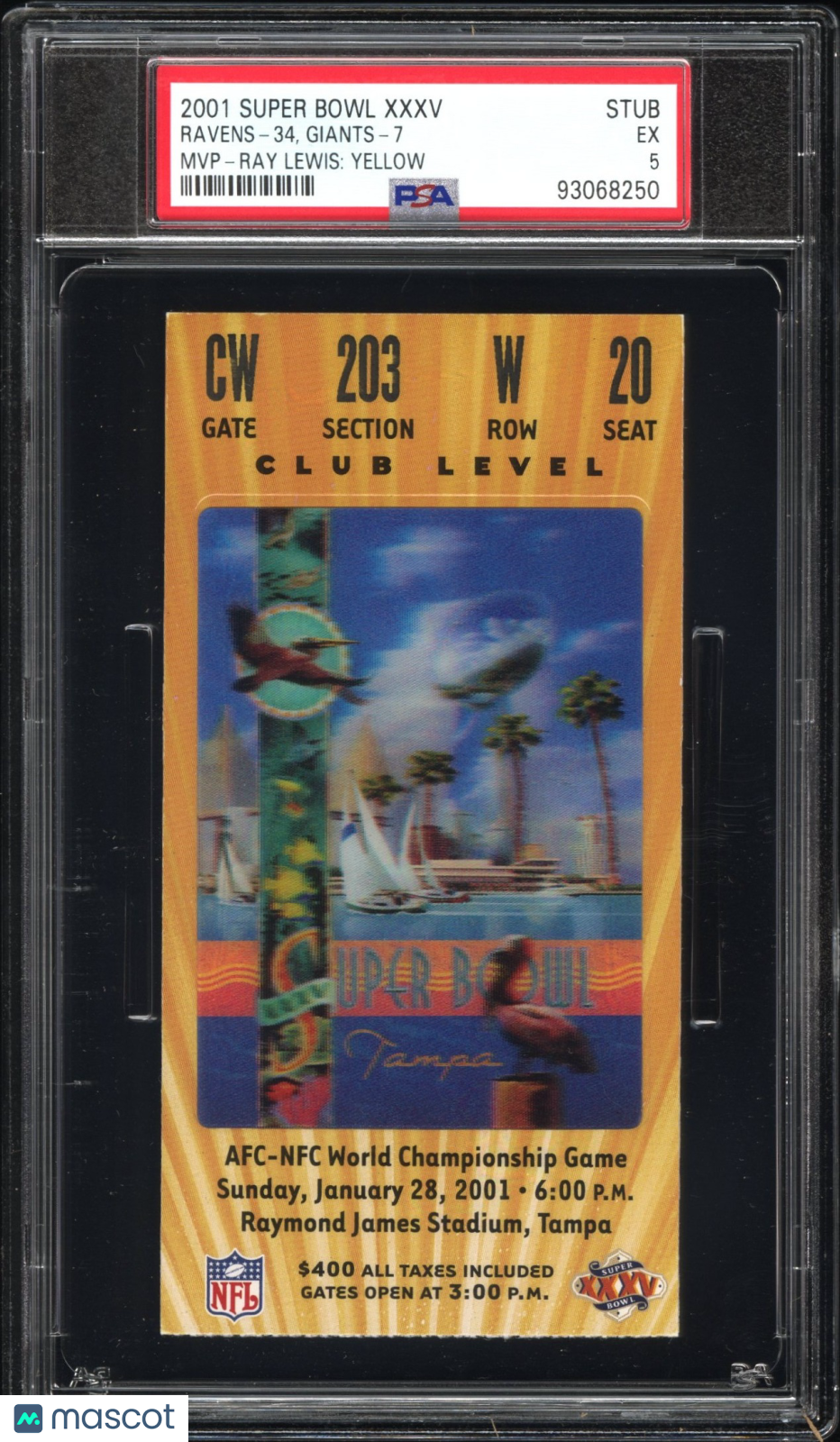 2001 Super Bowl XXXV Ray Lewis: Yellow MVP PSA 5 Ticket Stub - Graded Ticket Stubs