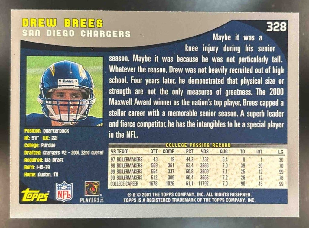 2001 Topps Drew Brees #328 Rookie RC San Diego Chargers - Sports Cards