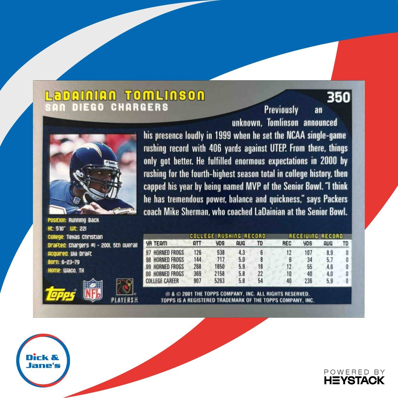 2001 Topps LaDainian Tomlinson #350 RC San Diego Chargers Rookie Card - Sports Cards