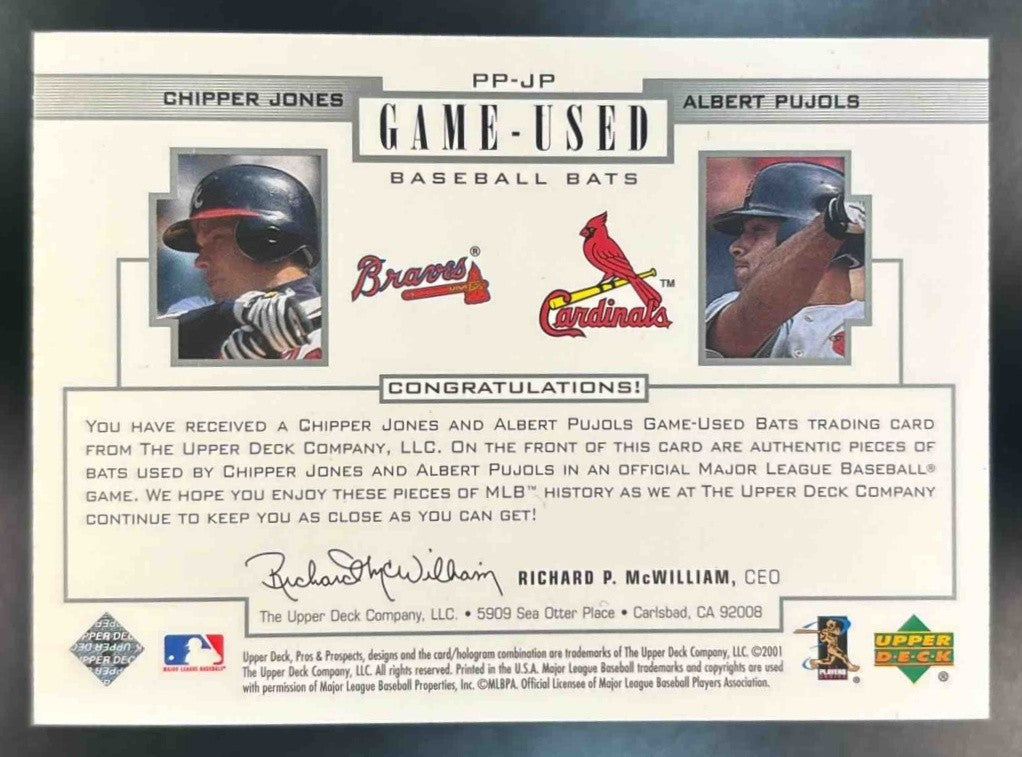2001 Upper Deck Pros & Prospects Chipper Jones Albert Pujols Game Used Dual Bat - Sports Cards