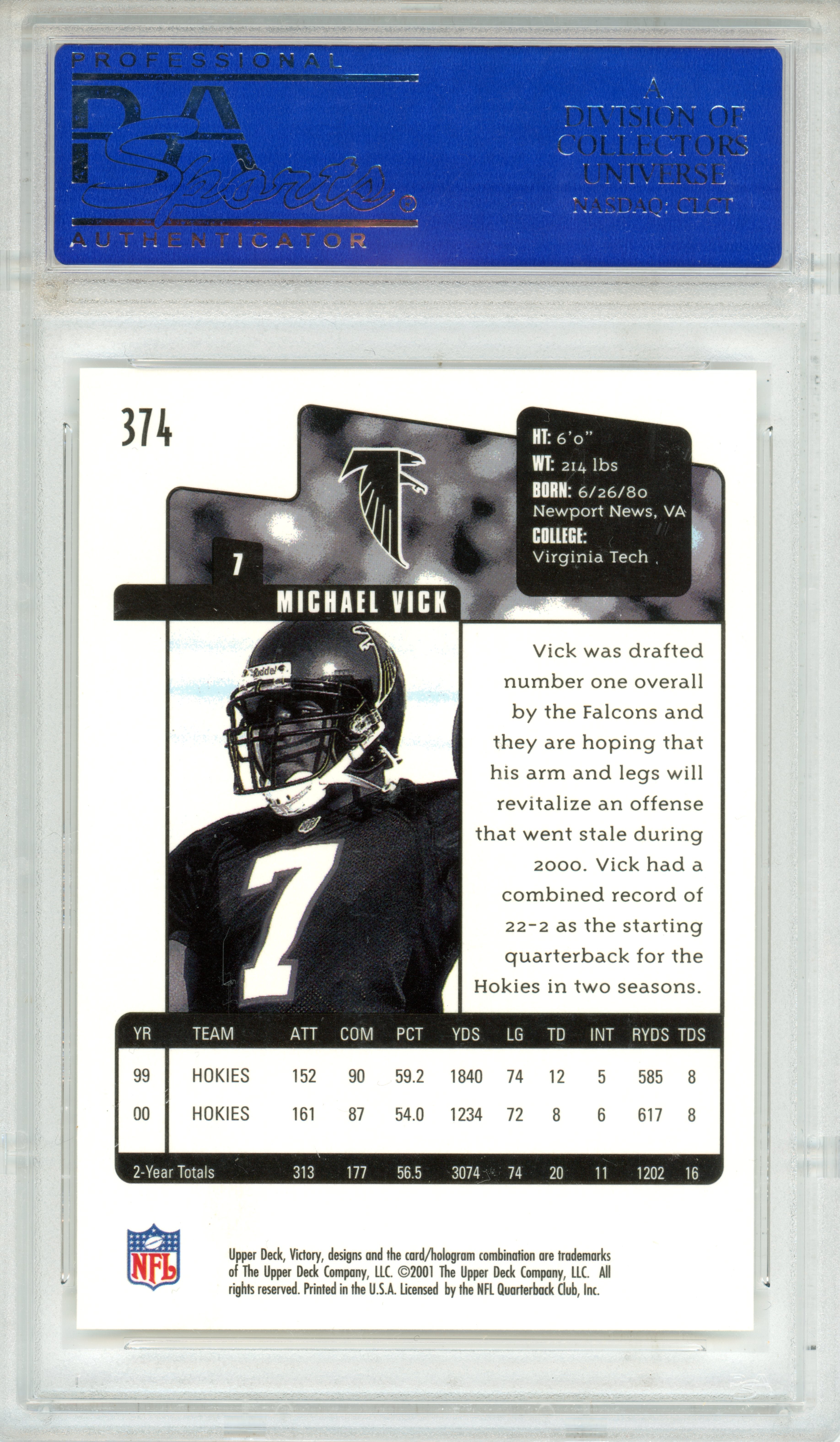 2001 Victory Michael Vick Rookie #374 PSA 10 GEM MINT Atlanta Falcons - Graded Sports Cards