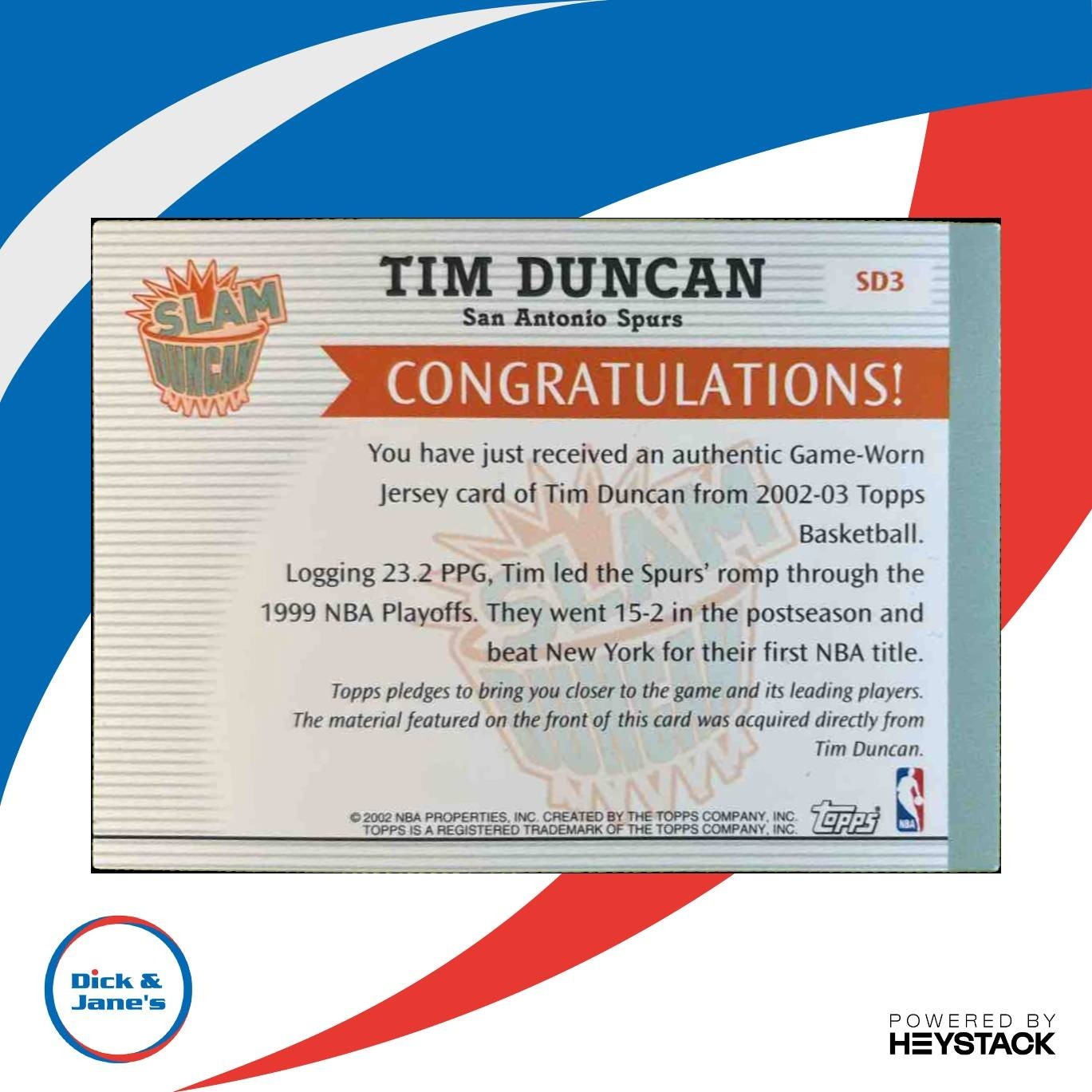 2002-03 Topps Tim Duncan Slam Relics #SD3 San Antonio Spurs - Sports Cards