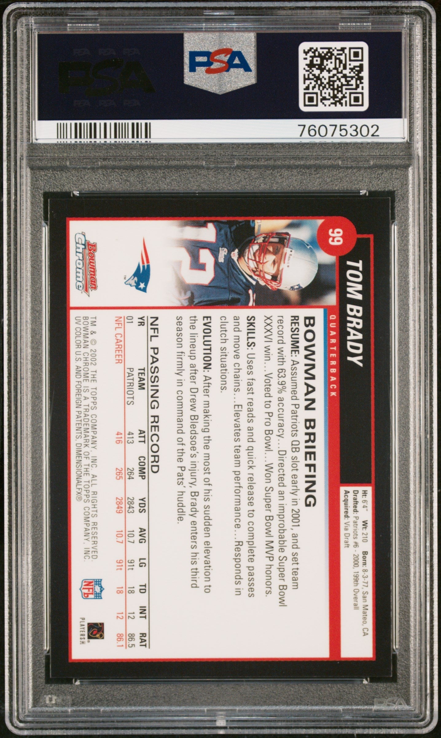 2002 Bowman Chrome Tom Brady #99 PSA 10 GEM MINT New England Patriots Graded Sports Cards