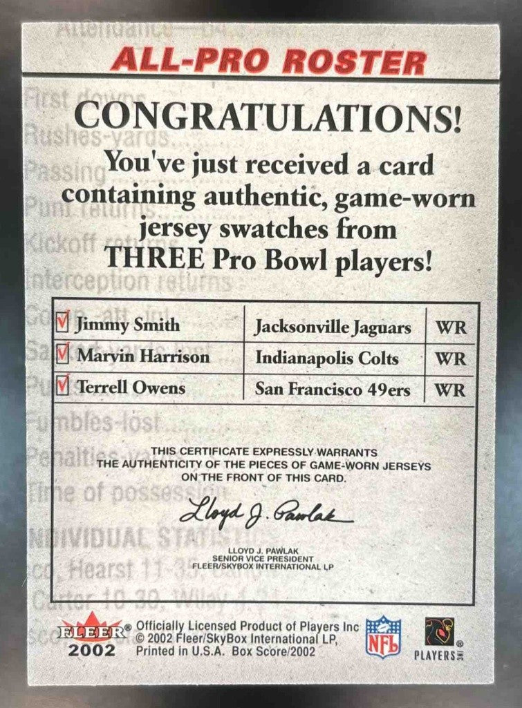 2002 Fleer Box Score Jimmy Smith Marvin Harrison Terrell Owens Jerseys MEM - Sports Cards