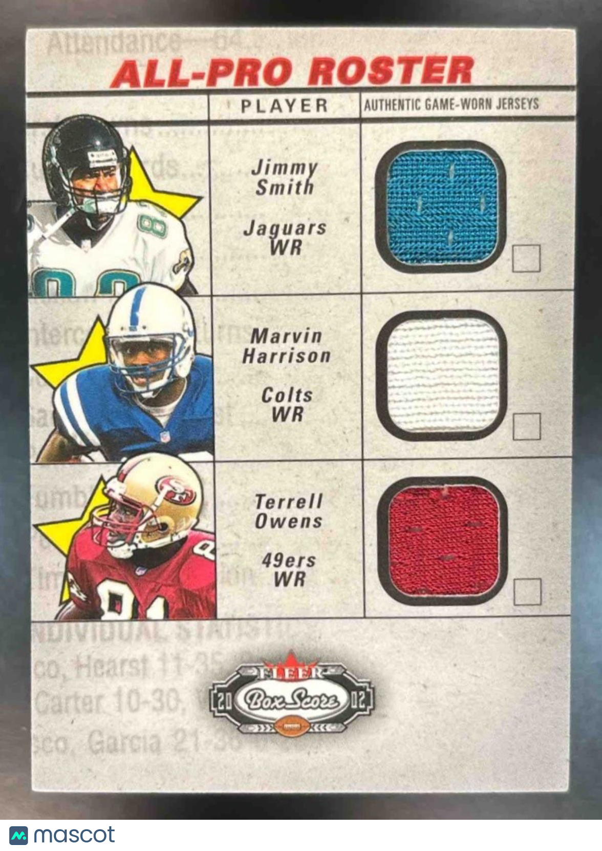 2002 Fleer Box Score Jimmy Smith Marvin Harrison Terrell Owens Jerseys MEM - Sports Cards