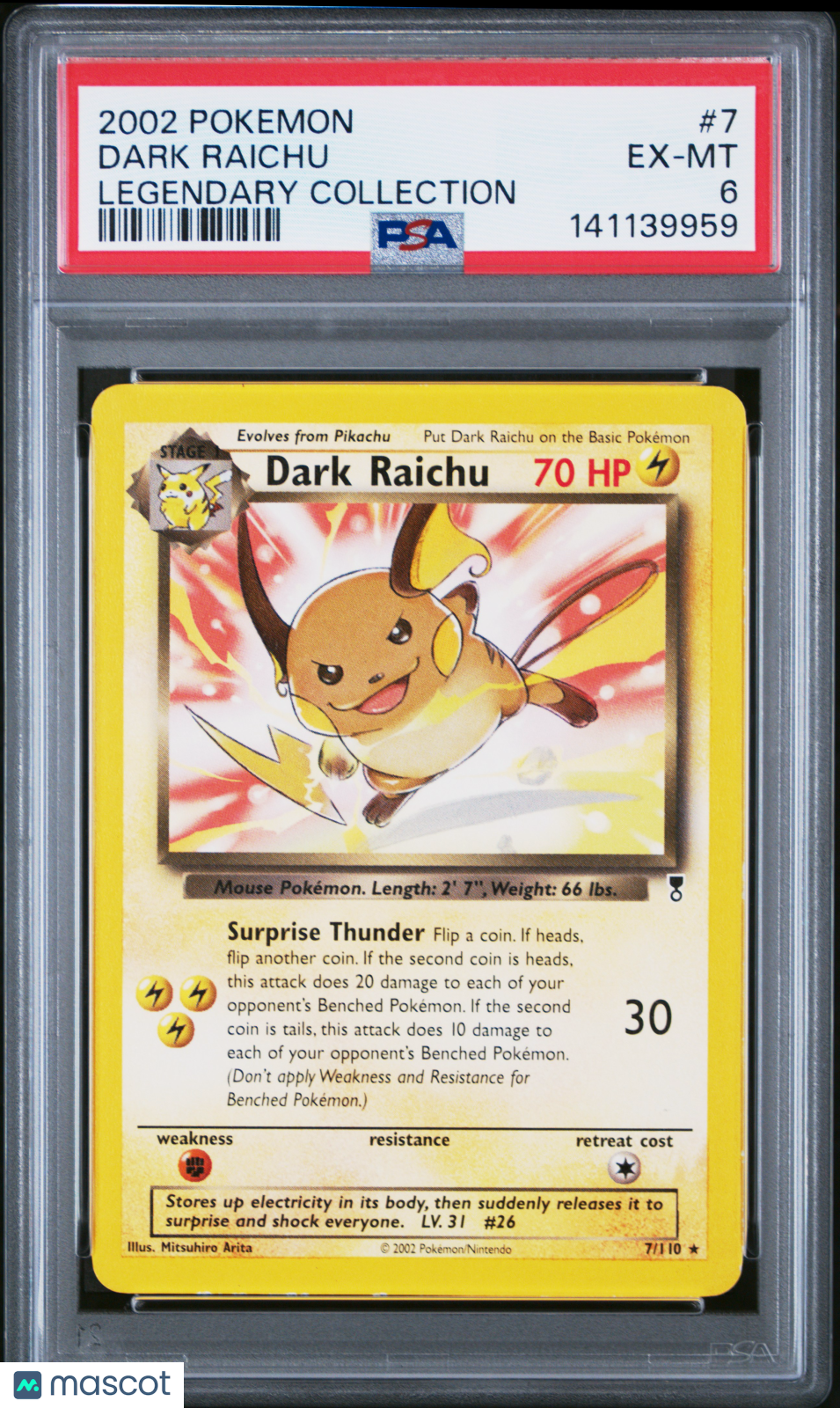 2002 Pokemon Legendary Collection Dark Raichu #7 PSA 6 - Graded TCG/CCG
