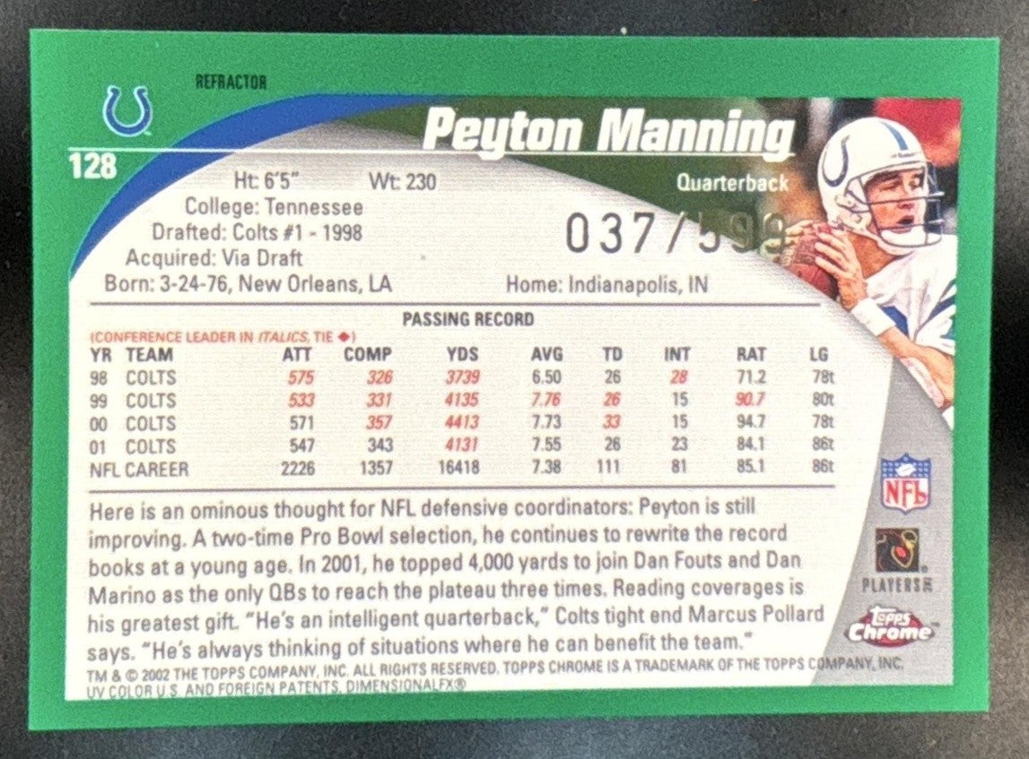 2002 Topps Chrome Peyton Manning Black Refractor /599 #128 Indianapolis Colts - Sports Cards