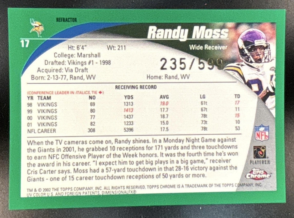 2002 Topps Chrome Randy Moss Black Refractor /599 #17 Minnesota Vikings - Sports Cards