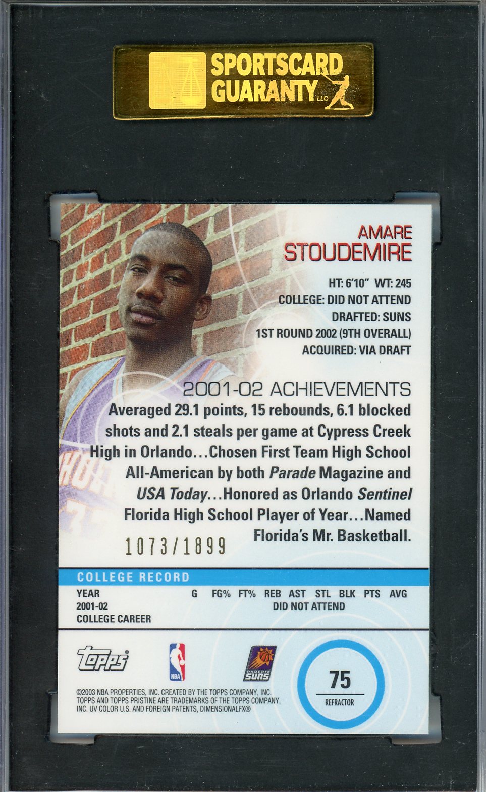 2002 Topps Pristine Amare Stoudemire Common Refractor #75 SGC 9 - Graded Sports Cards
