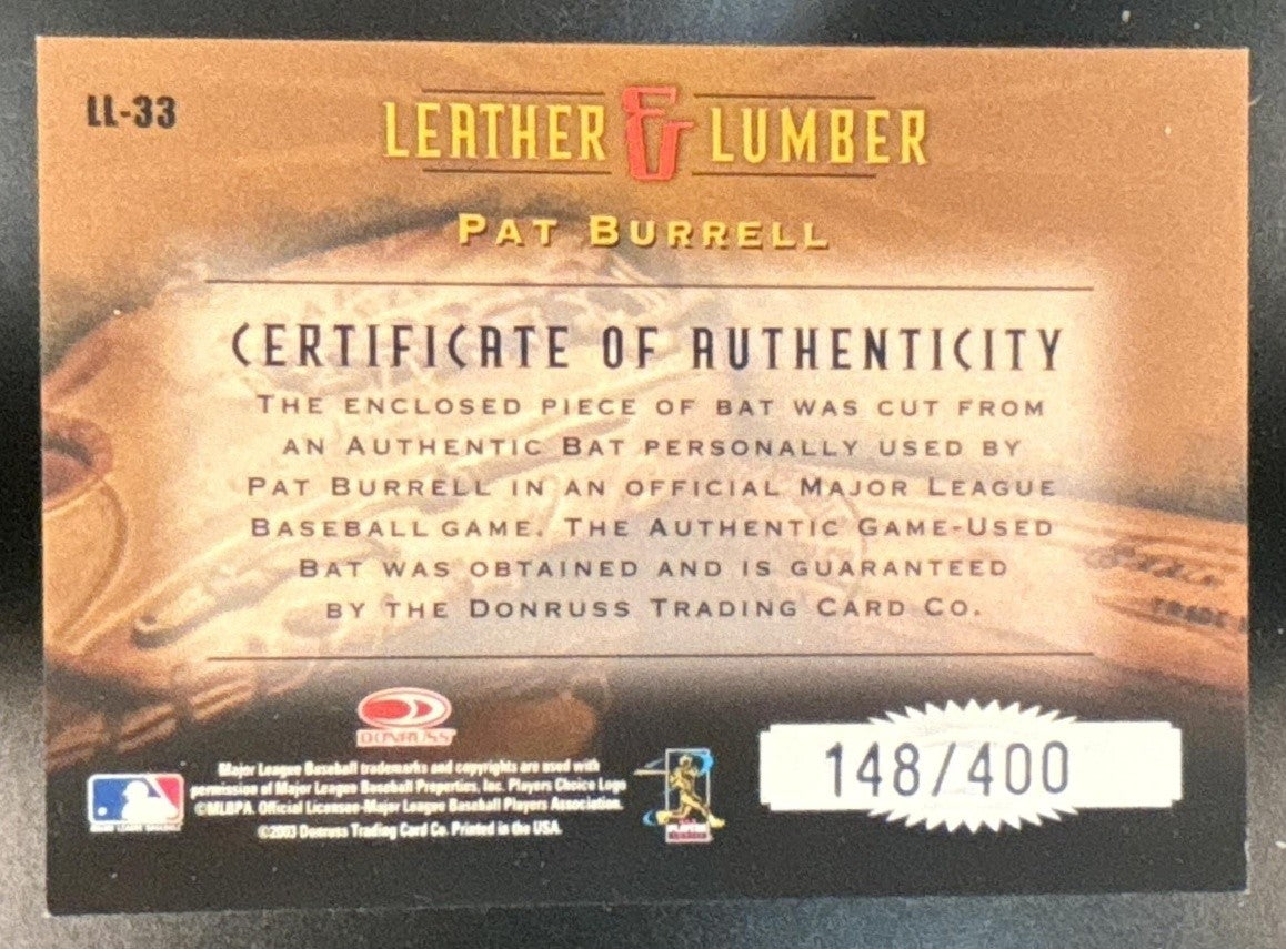 2003 Donruss Studio Pat Burrell Leather and Lumber /400 MEM Phillies - Sports Cards