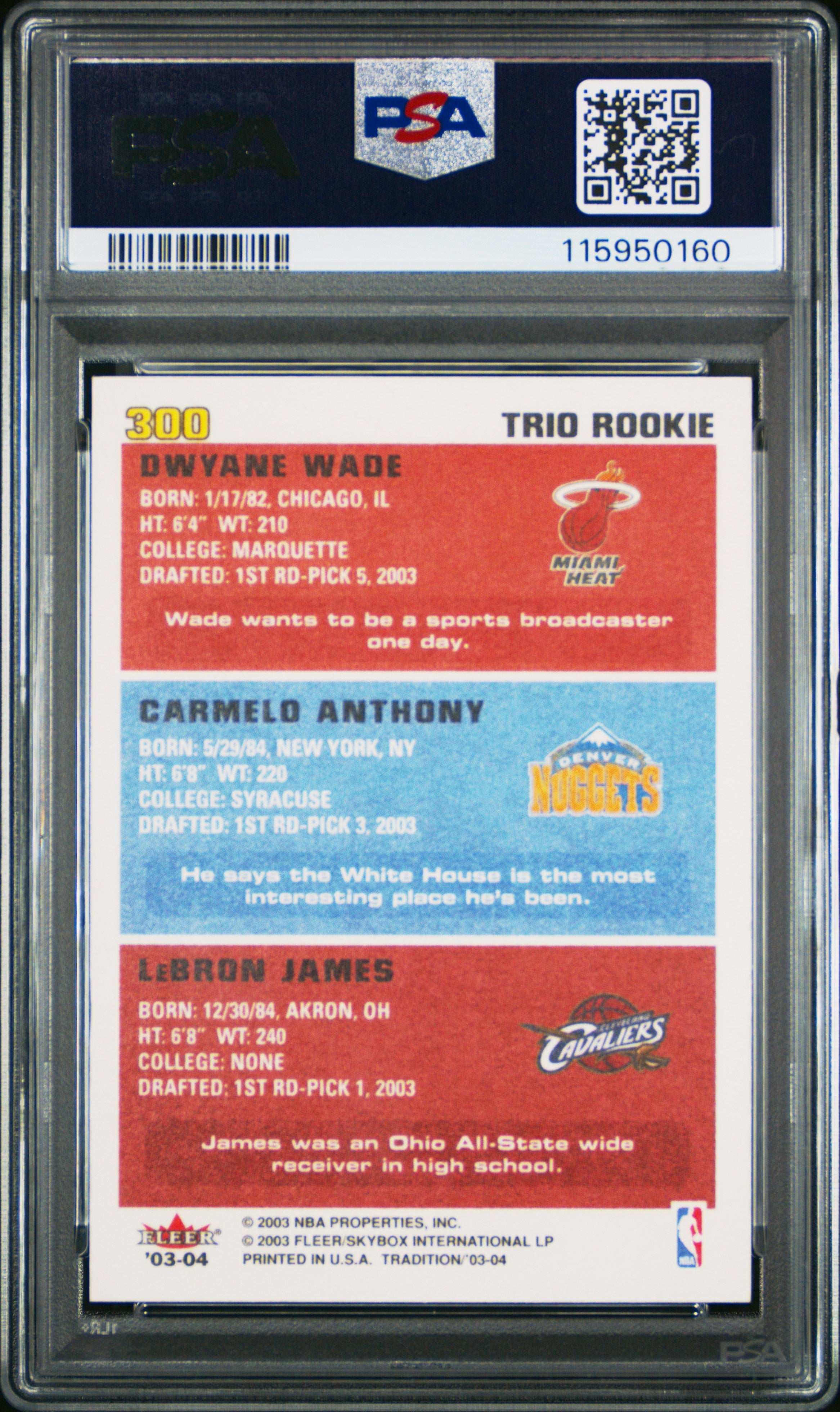 2003 Fleer Tradition LeBron James Dwyane Wade Carmelo Anthony Rookie #300 PSA 10 Graded Sports Cards