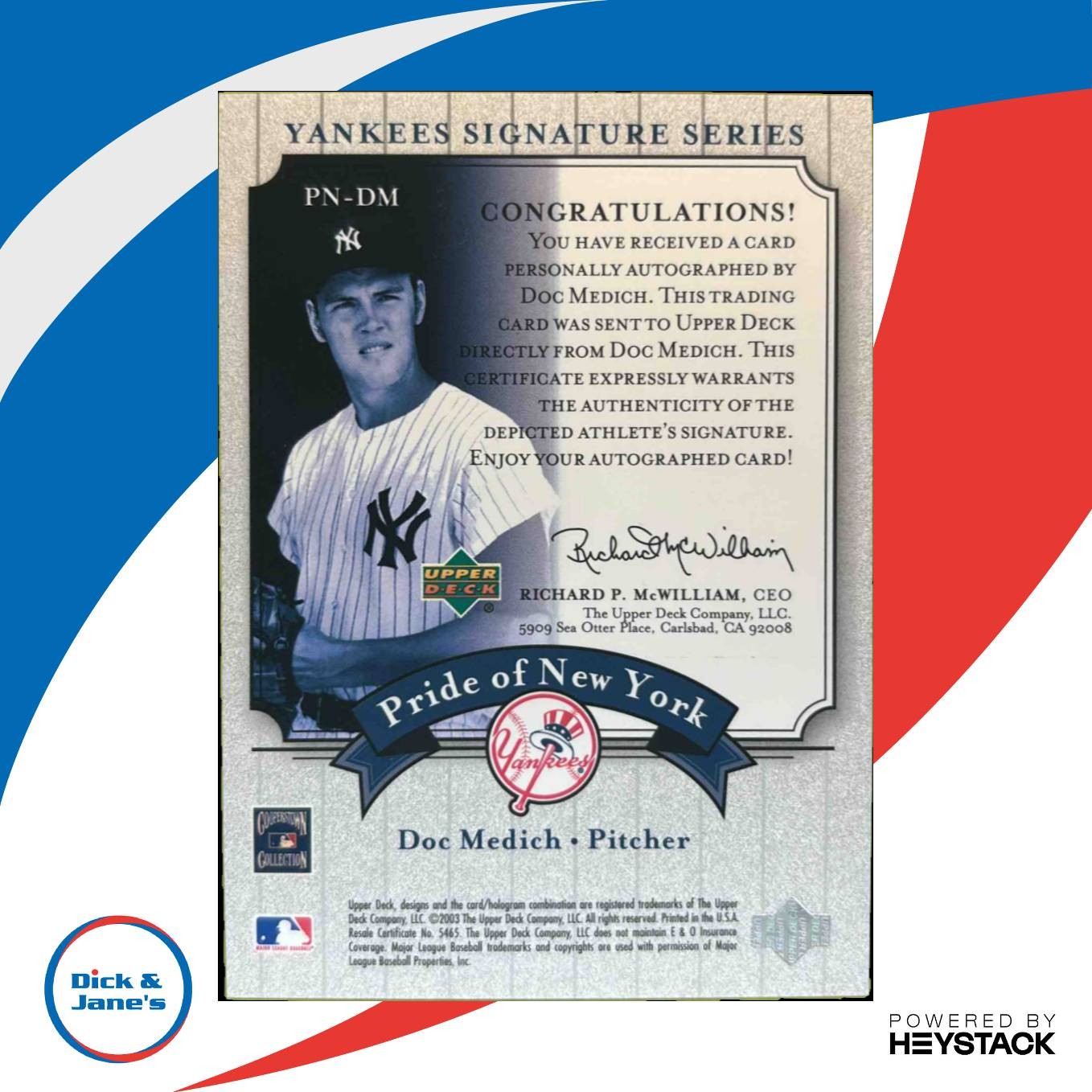 2003 Upper Deck Yankees Signature Series Doc Medich Pride of New York Auto PN DM Sports Cards