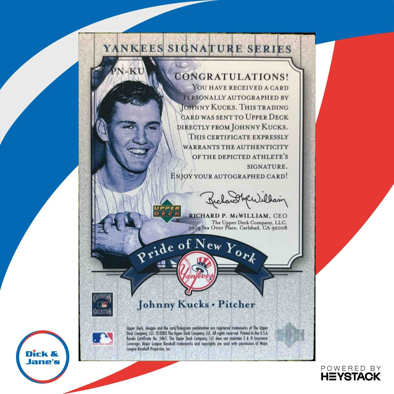 2003 Upper Deck Yankees Signature Series Johnny Kucks Pride of New York Auto - Sports Cards