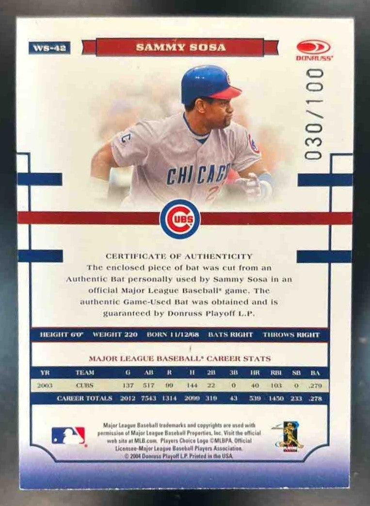 2004 Donruss World Series Sammy Sosa Material Bat /100 #WS-42 MEM Chicago Cubs - Sports Cards