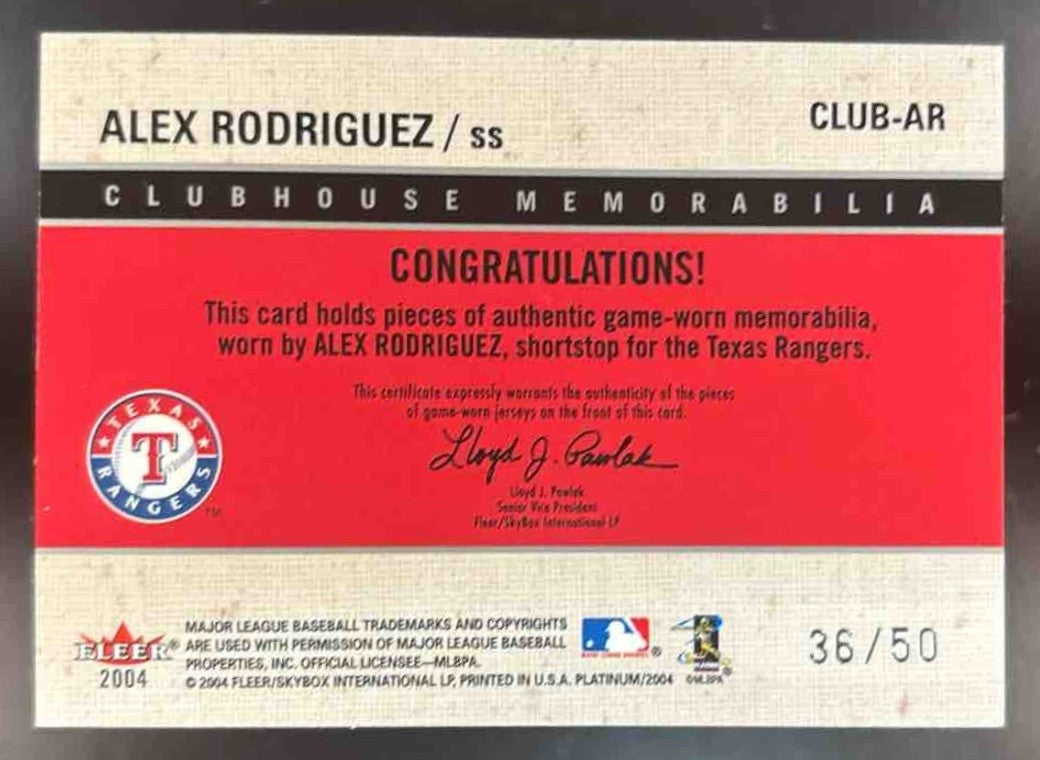 2004 Fleer Platinum Alex Rodriguez Clubhouse Dual Patch /50 Texas Rangers - Sports Cards