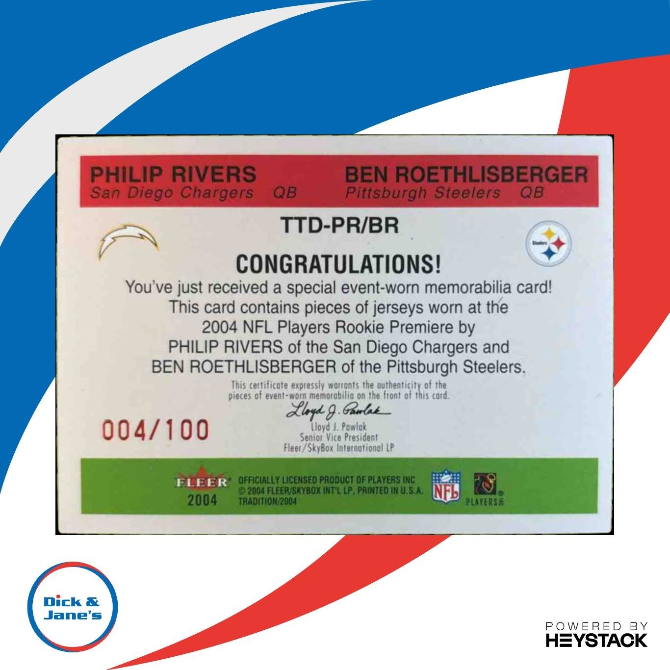 2004 Fleer Tradition Philip River Ben Roethlisberger RC Throwback DualPatch /100 - Sports Cards