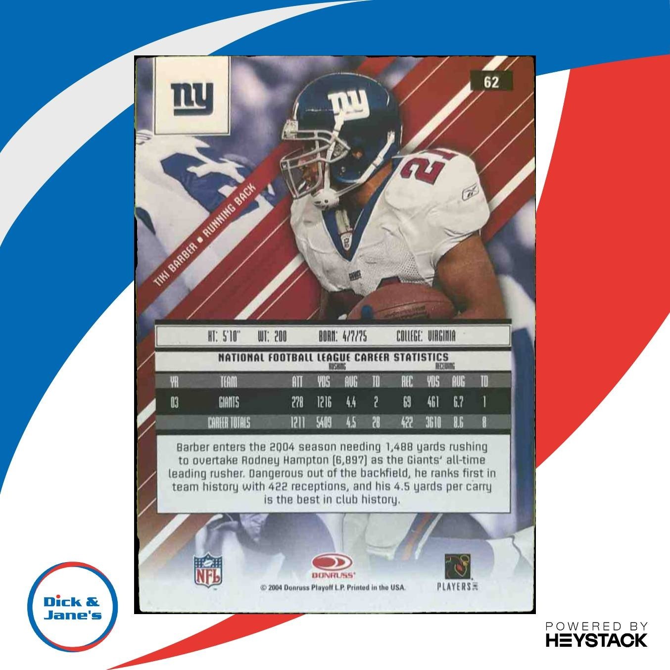 2004 Leaf Rookies & Stars Longevity Tiki Barber Black /75 #62 New York Giants - Sports Cards
