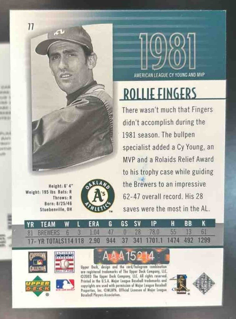 2004 SP Authentic Buybacks Auto Rollie Fingers 03 UDA 5/5 Oakland Athletics - Sports Cards