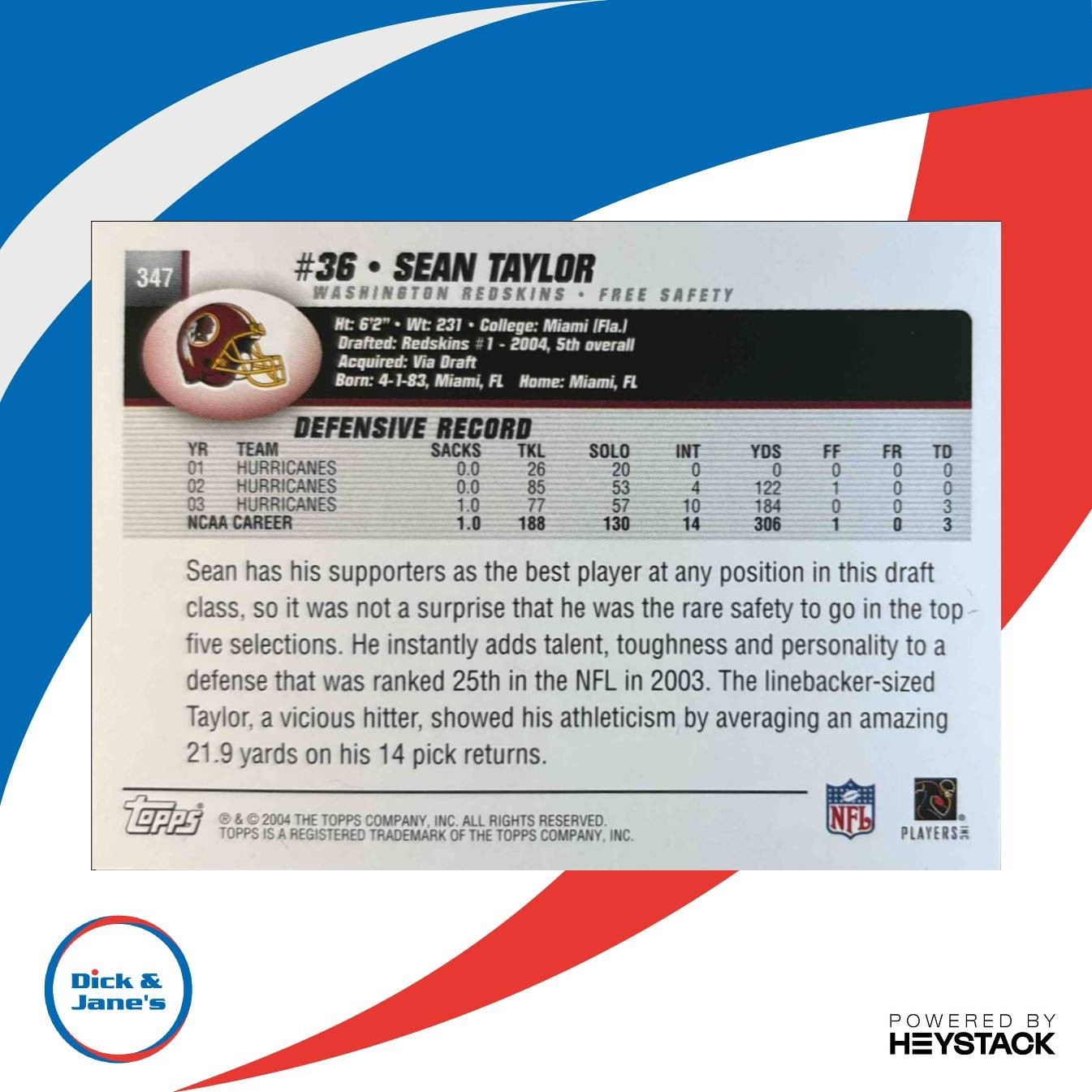 2004 Topps Sean Taylor #347 RC Washington Redskins - Sports Cards