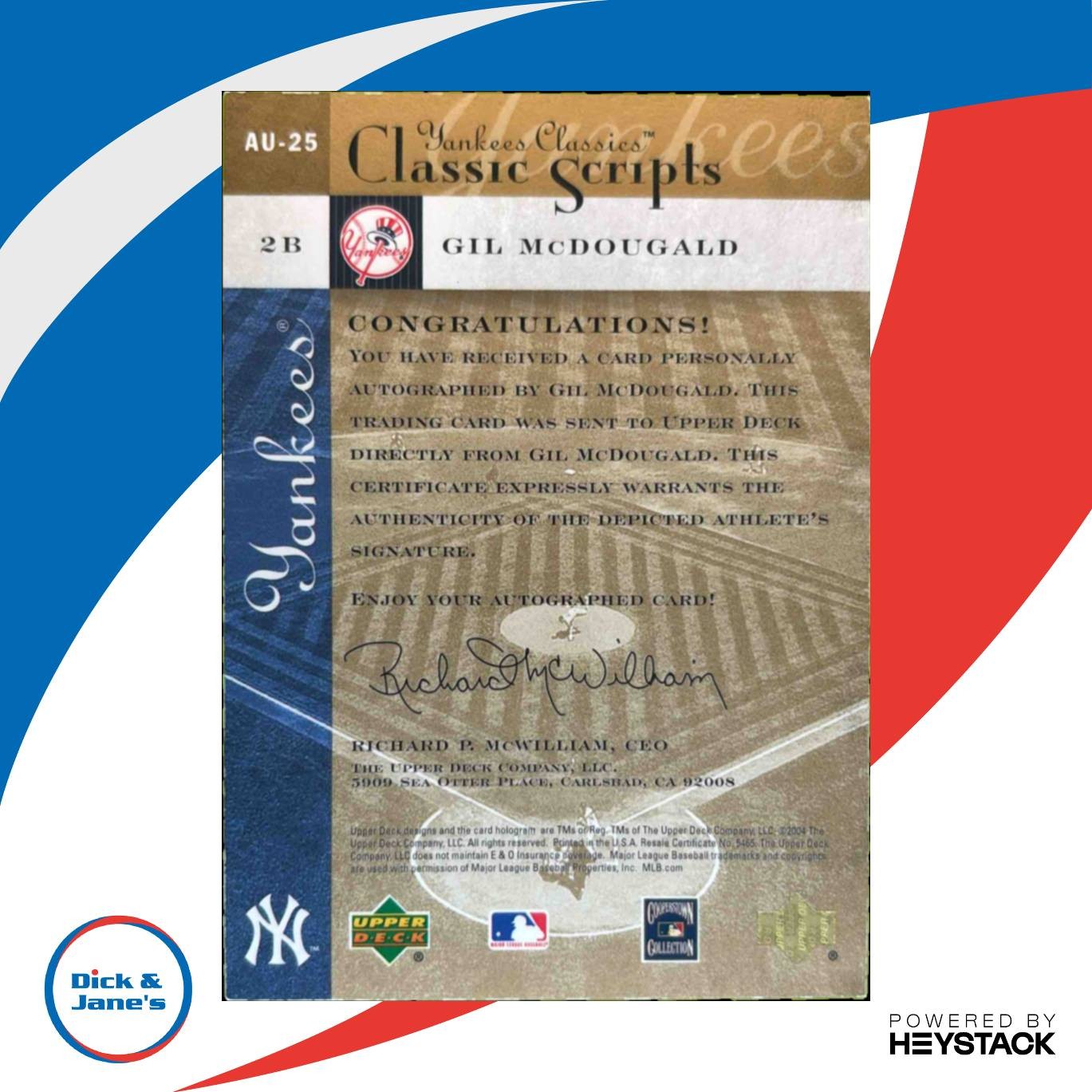2004 Upper Deck UD Yankees Classics Gil McDougald Classic Scripts Auto New York Sports Cards