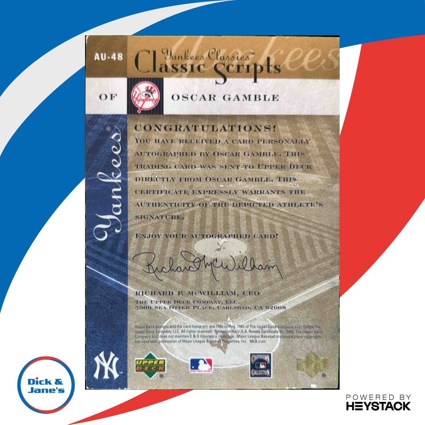 2004 Upper Deck UD Yankees Classics Oscar Gamble Classic Scripts AU48 Auto NY Sports Cards