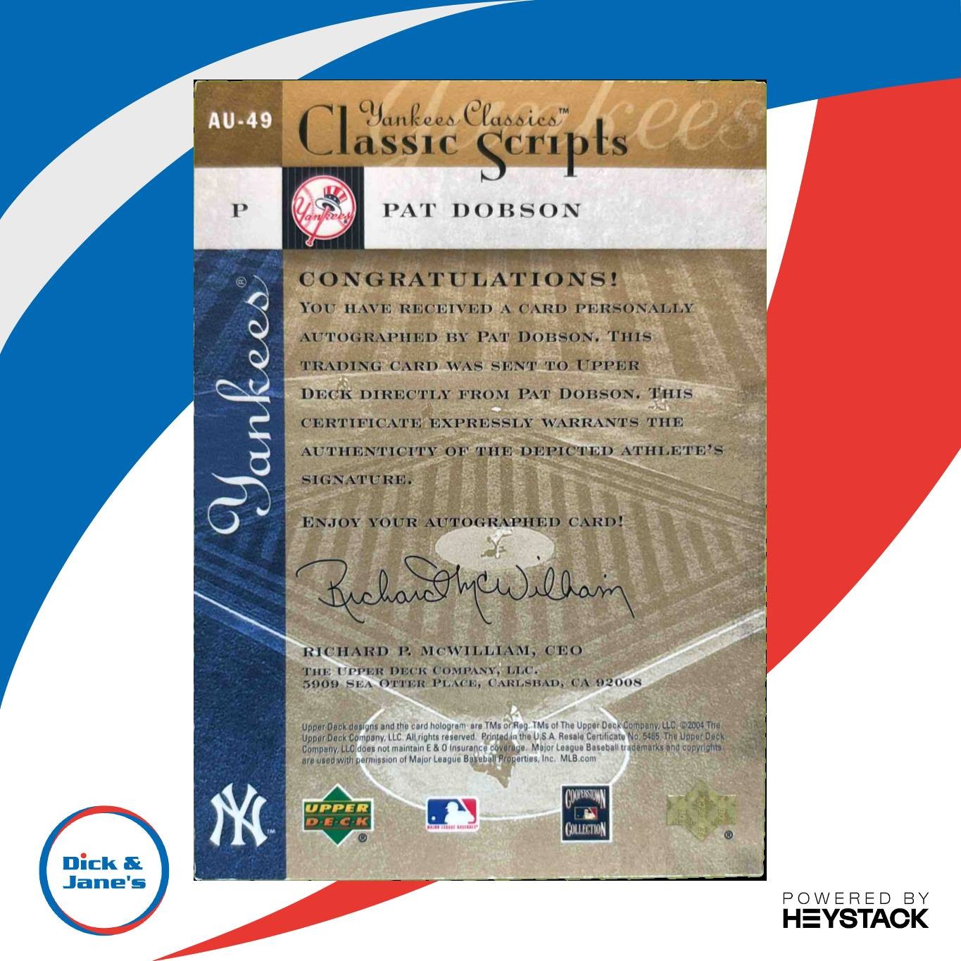 2004 Upper Deck Yankees Classics Pat Dobson Classic Scripts #AU 49 Auto New York Sports Cards