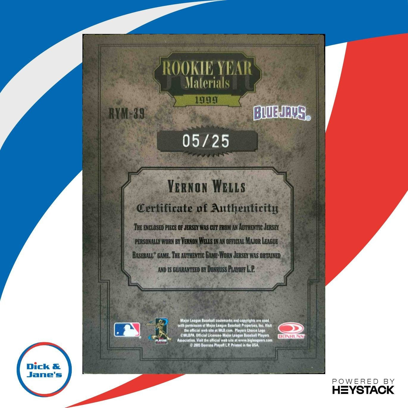 2005 Donruss Timeless Treasures Vernon Wells Rookie Patch Auto /25 Blue Jays - Sports Cards