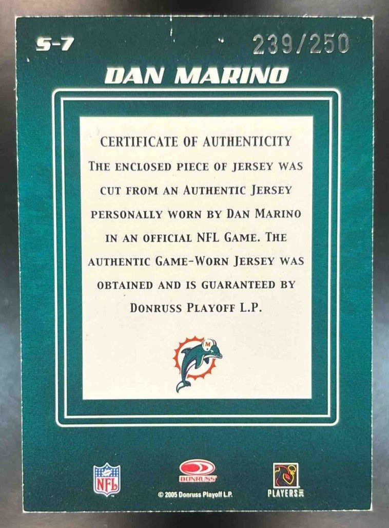 2005 Donruss Zenith Dan Marino Spellbound Jerseys /250 #S-7 MEM Miami Dolphins - Sports Cards