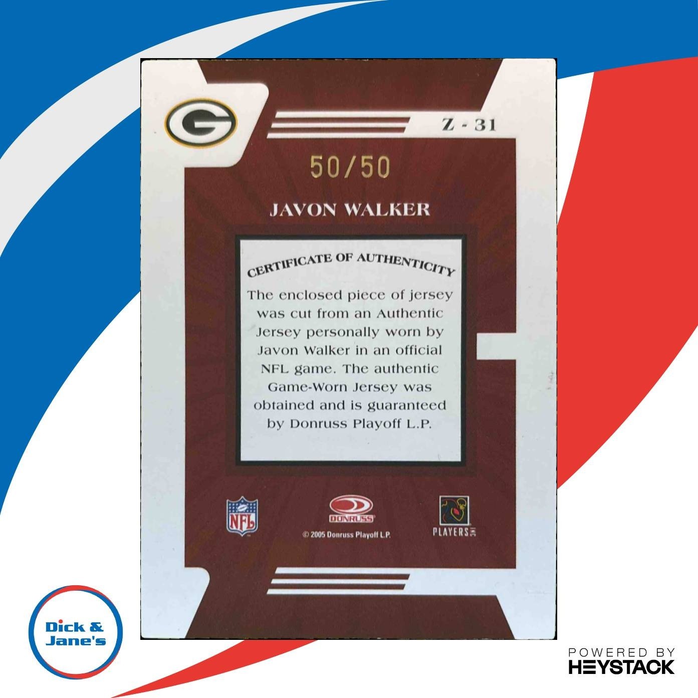 2005 Donruss Zenith Javon Walker Z Jerseys Prime /50 #Z-31 MEM Green Bay Packers - Sports Cards