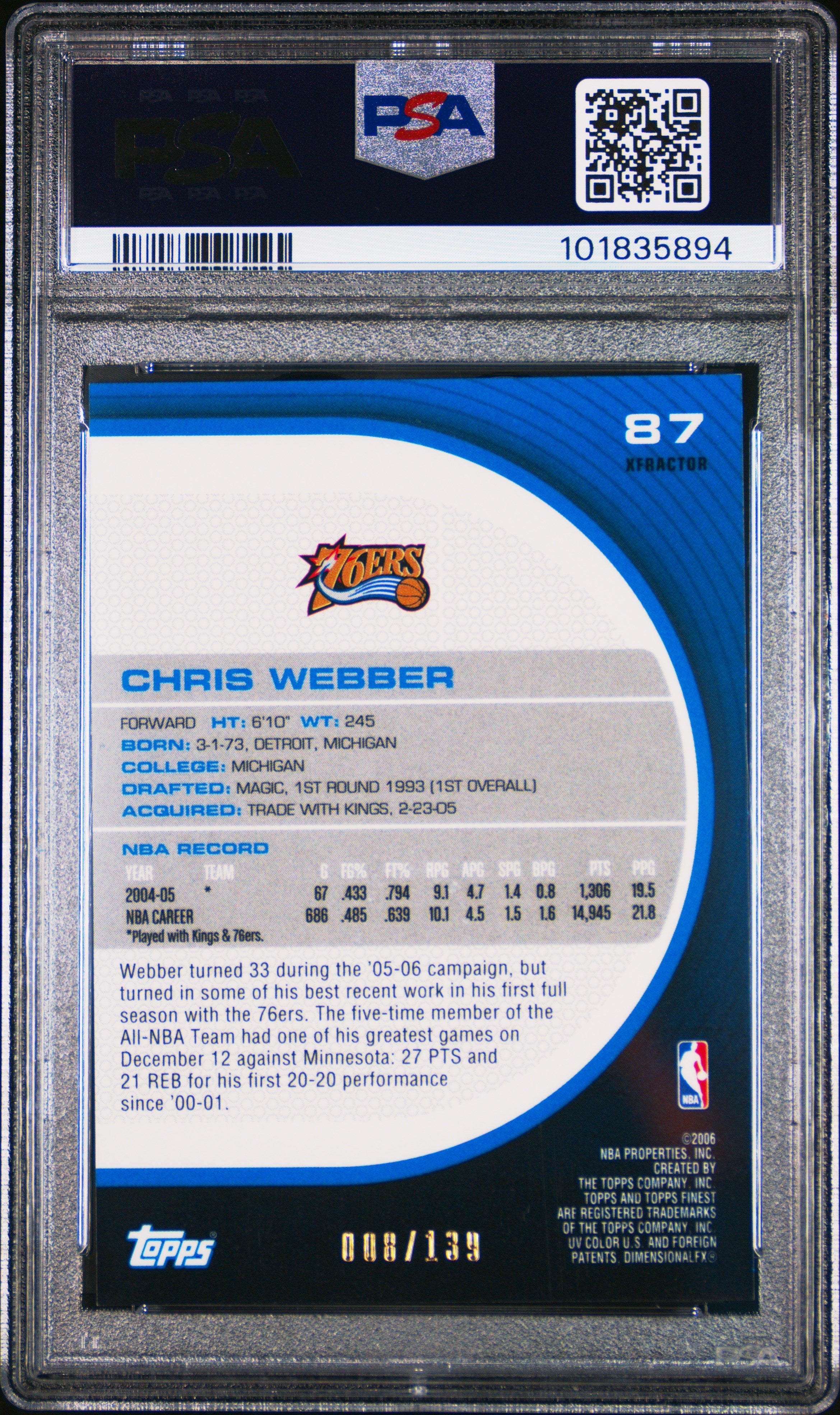 2005 Finest Chris Webber Red Xfractors #87 PSA 9 Philadelphia 76ers - Graded Sports Cards