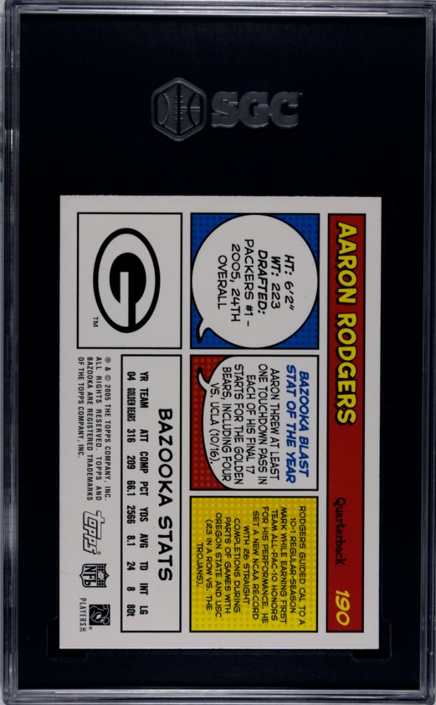2005 Topps Bazooka Aaron Rodgers Rookie #190 SGC 9 MINT Green Bay Packers - Graded Sports Cards