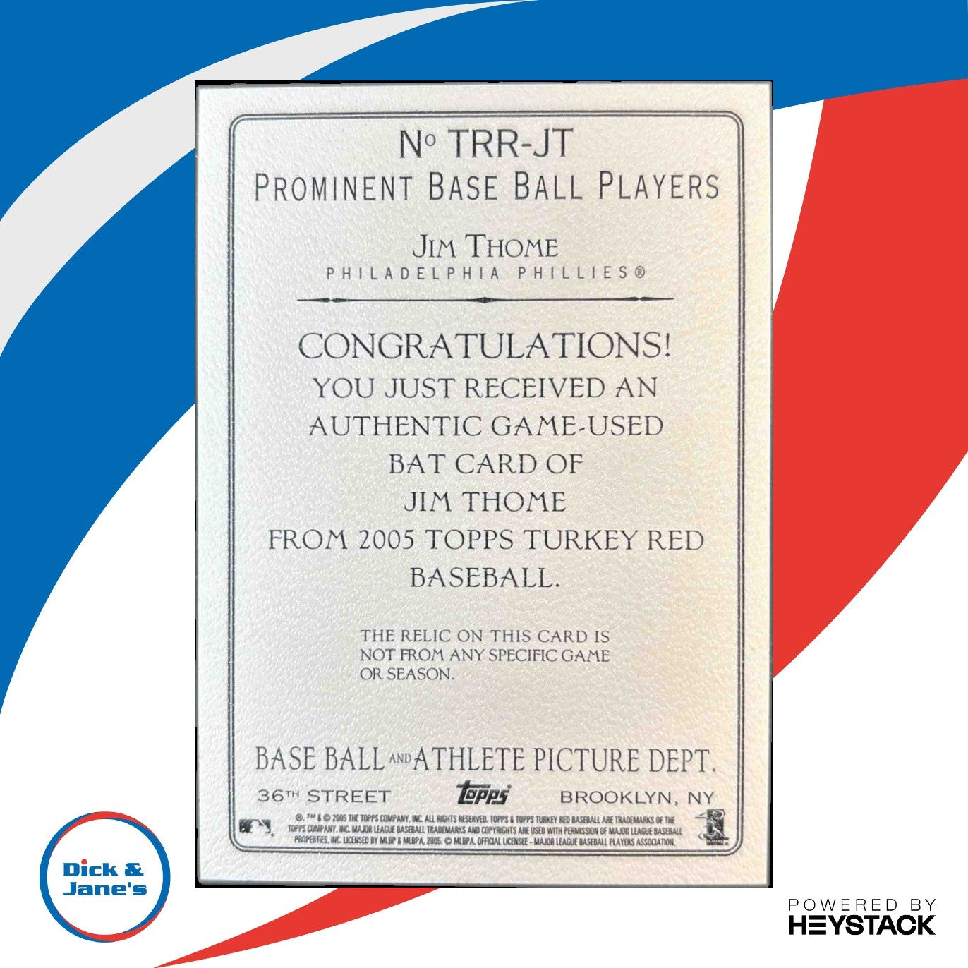 2005 Topps Turkey Red Jim Thome Relics #TRR-JT Philadelphia Phillies - Sports Cards