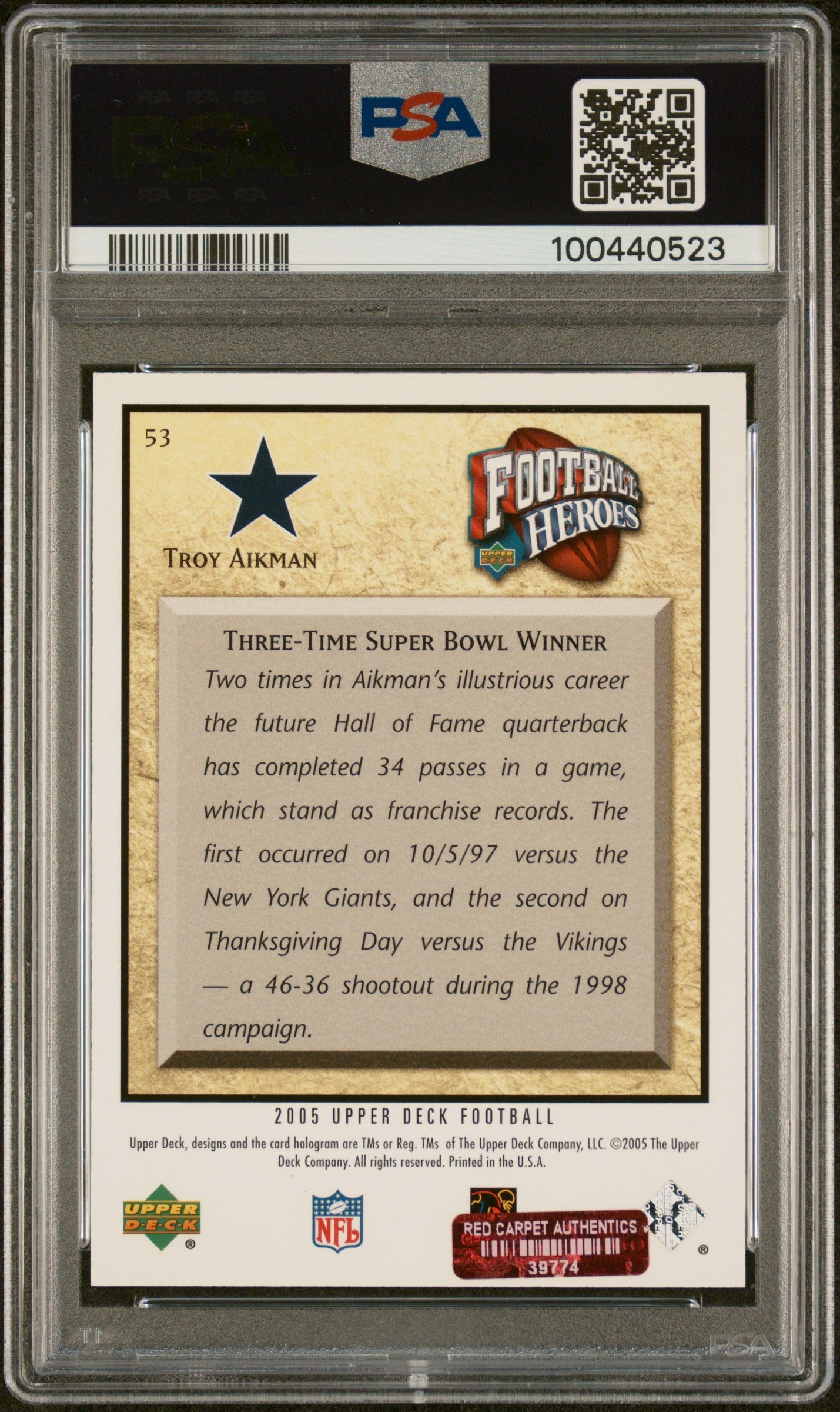 2005 Upper Deck Heroes Troy Aikman On Card Auto Dallas Cowboys PSA Authentic - Graded Sports Cards