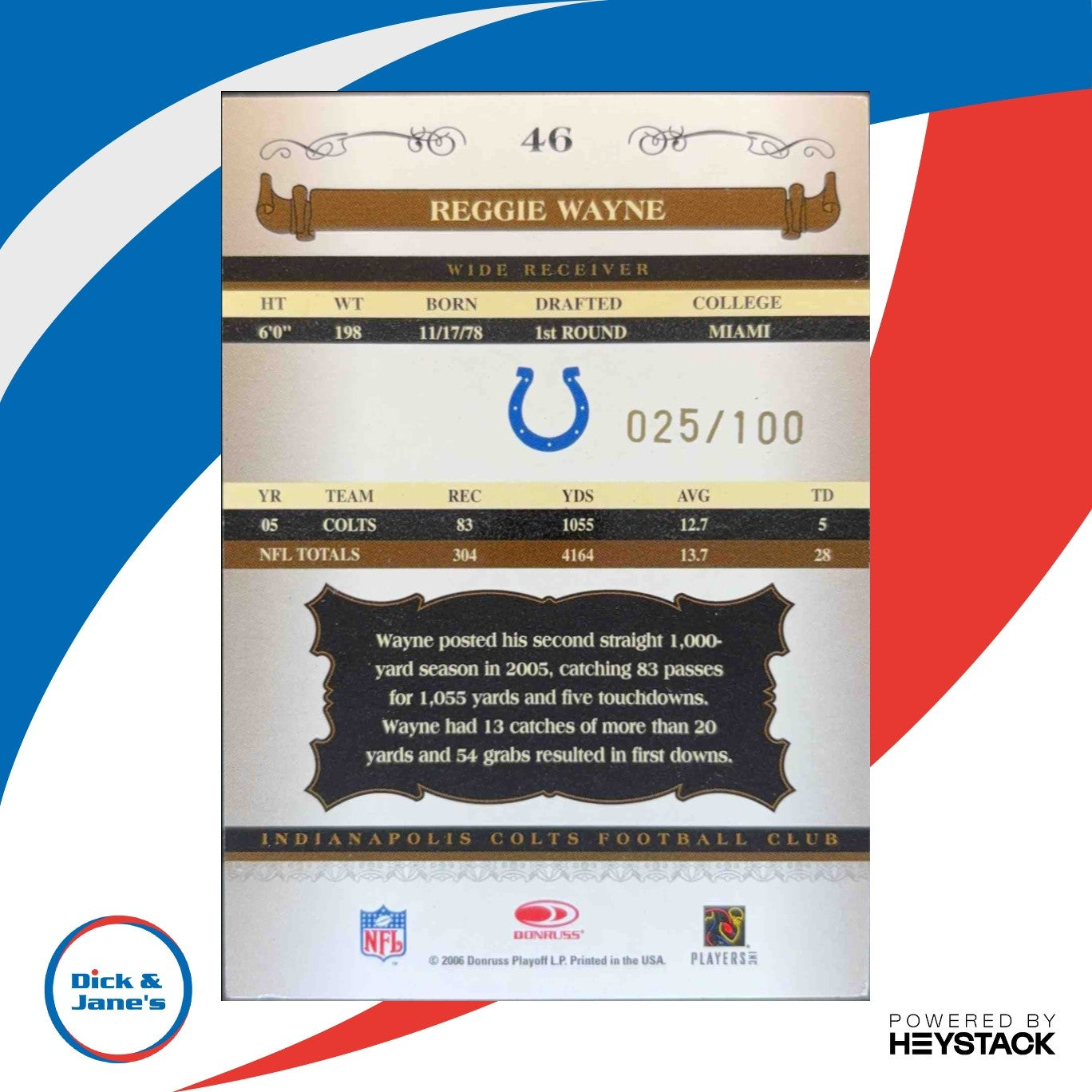 2006 Donruss Classics Reggie Wayne Timeless Tributes Bronze /100 Colts - Sports Cards