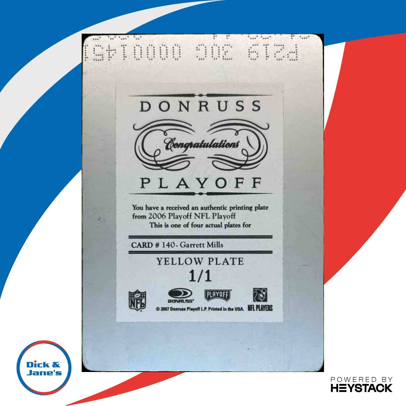 2006 Donruss Playoff 1/1 Yellow Printing Plate Card #140 Garrett Mills - Sports Cards