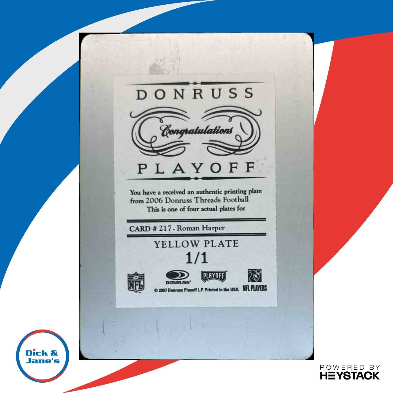 2006 Donruss Playoffs Printing Plate Yellow 1/1 Card #217 Roman Harper - Sports Cards