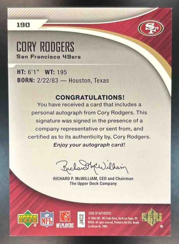 2006 SP Authentic Cory Rodgers /1175 #190 Auto RC All-Star San Francisco 49ers - Sports Cards