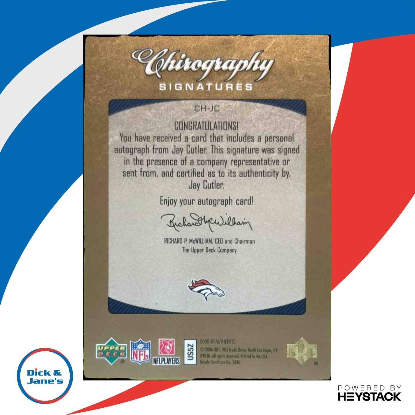 2006 SP Authentic Jay Cutler Chirography #CH-JC Auto RC Denver Broncos - Sports Cards