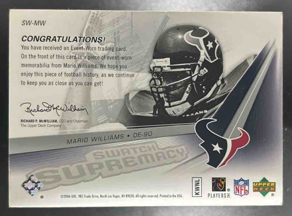 2006 SPx Mario Williams Rookie Swatch Supremacy MEM RC Houston Texans - Sports Cards