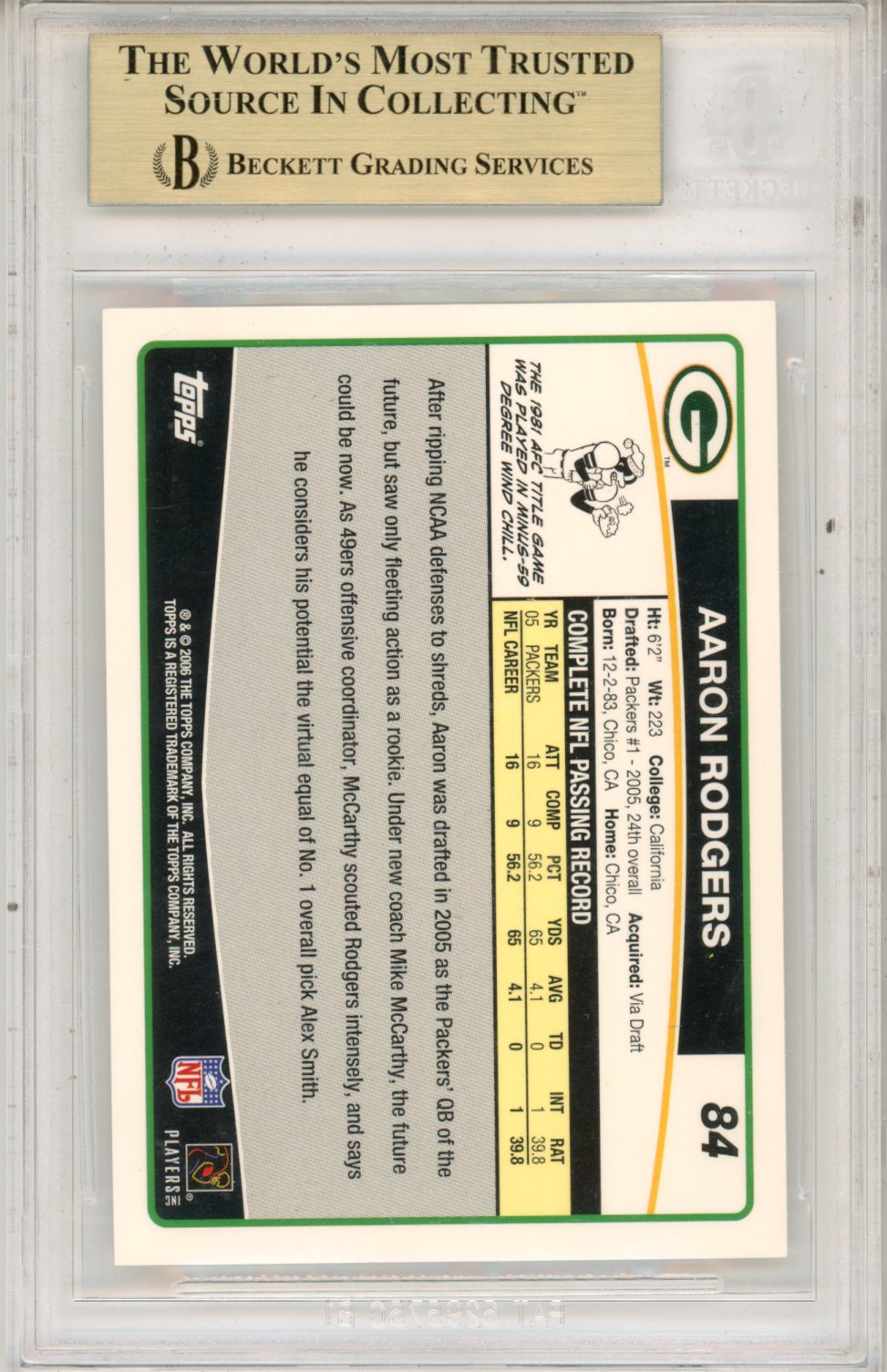 2006 Topps Aaron Rodgers #84 BGS 9.5 GEM MINT Green Bay Packers - Graded Sports Cards