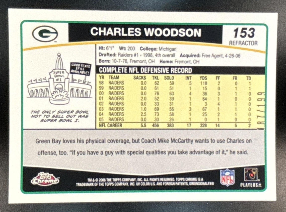 2006 Topps Chrome Charles Woodson Black Refractor /199 #153 Green Bay Packers - Sports Cards