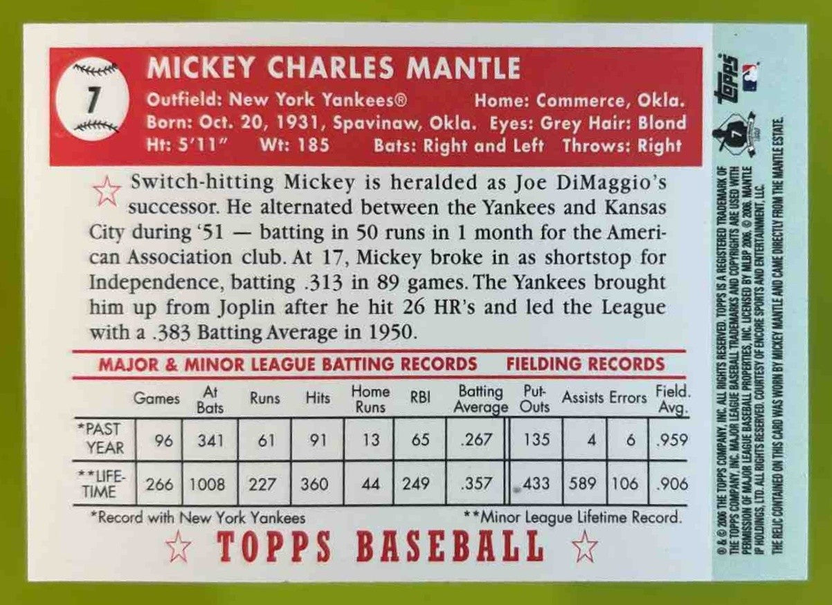 2006 Topps Target Factory Set Mantle Worn Relic MMR52 Mickey Mantle 52T New York - Sports Cards