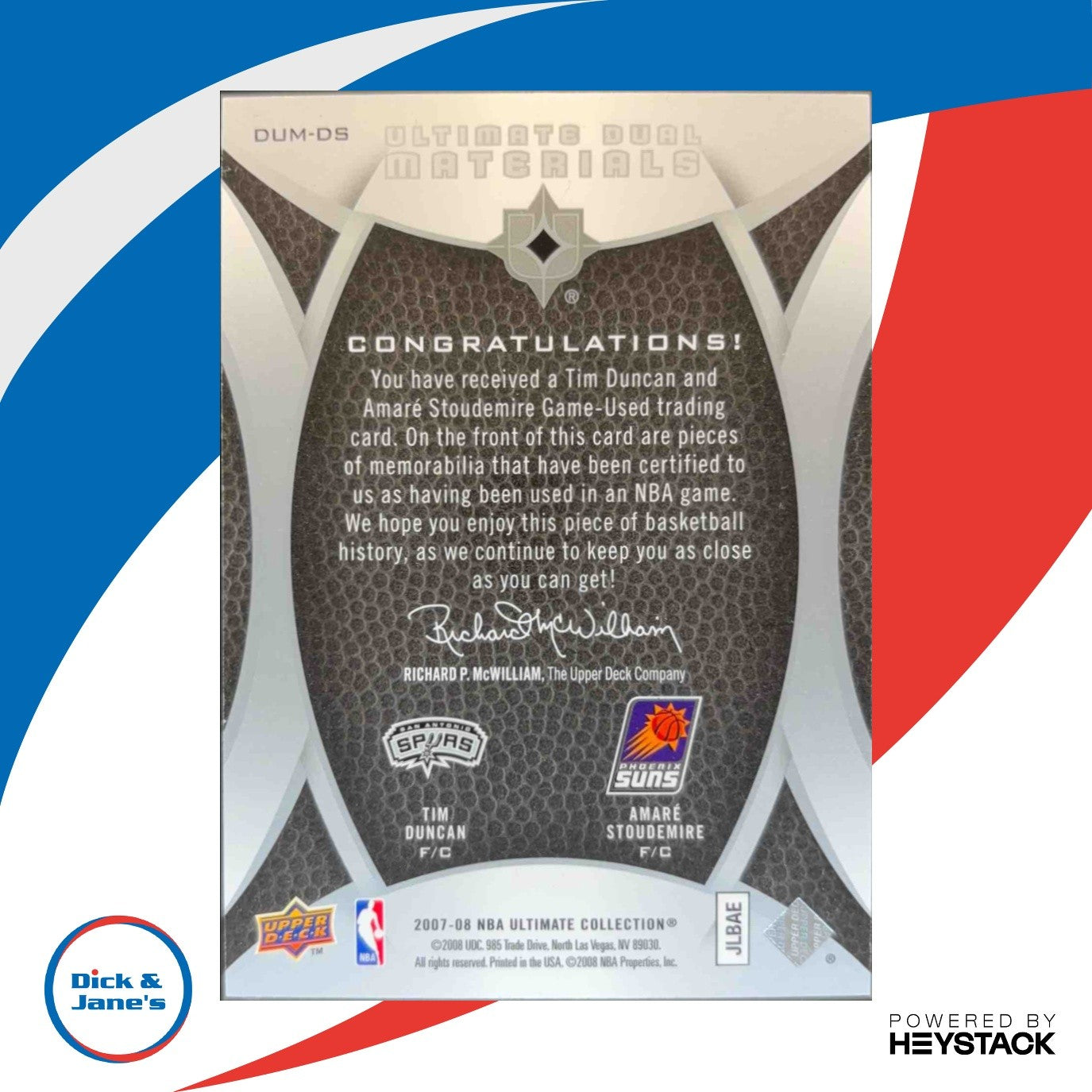 2007-08 Ultimate Collection Tim Duncan Amare Stoudemire Dual Materials /99 Spurs - Sports Cards