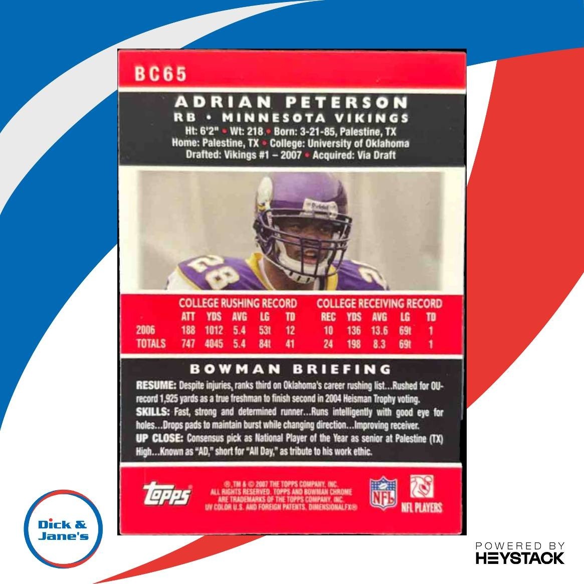 2007 Bowman Chrome Adrian Peterson #BC65 RC Minnesota Vikings - Sports Cards