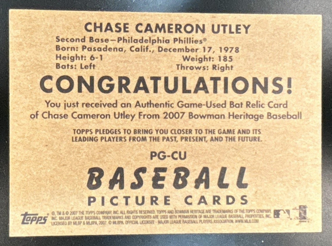 2007 Bowman Heritage Chase Utley Pieces of Greatness PG-CU Philadelphia Phillies - Sports Cards
