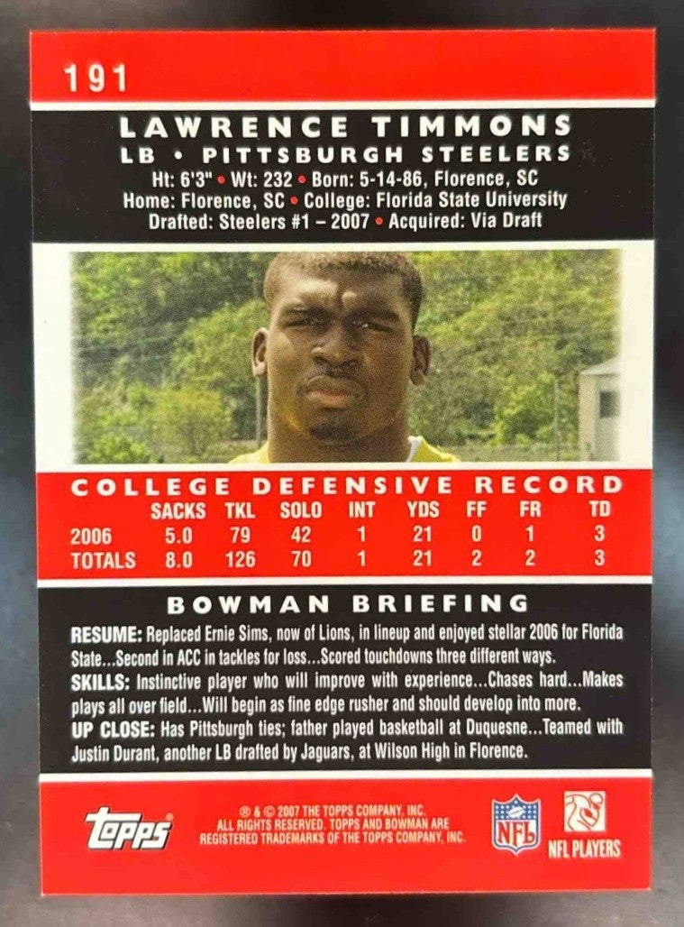 2007 Bowman Lawrence Timmons #191 RC Pittsburgh Steelers - Sports Cards